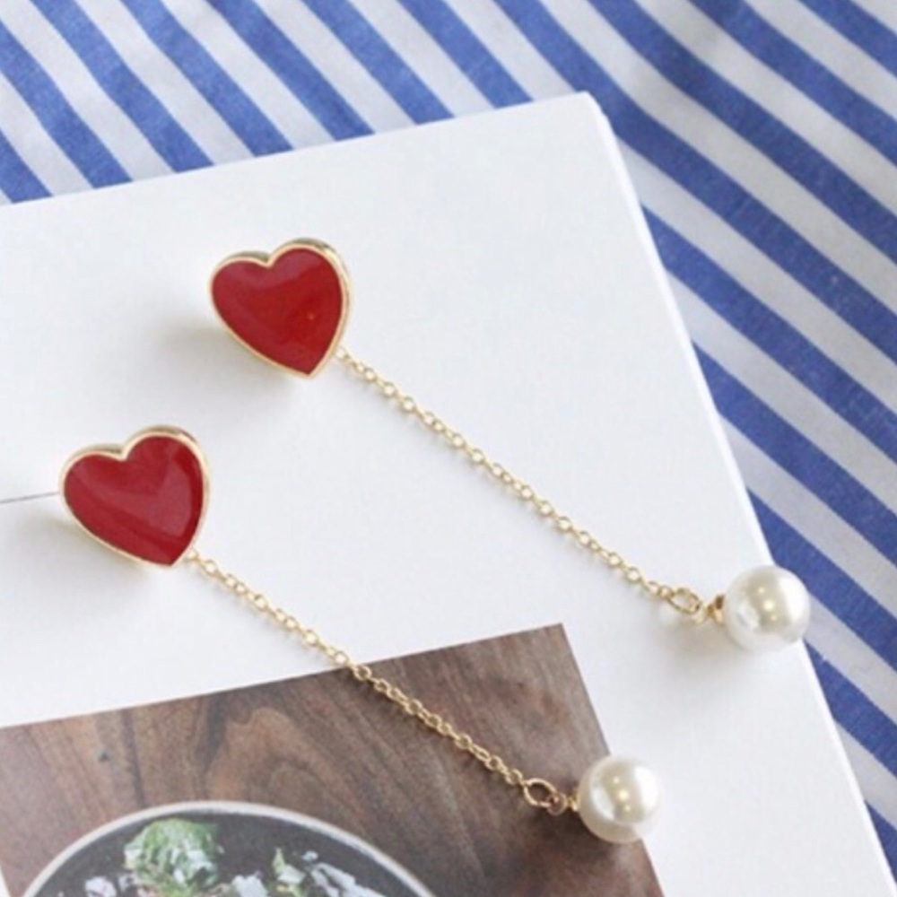 Red Heart with Removable Dangle Pearl Earrings